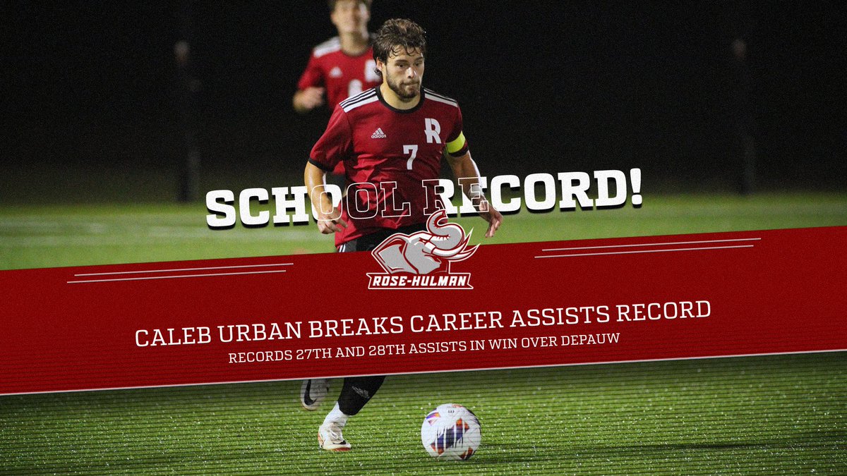 rhitsports's tweet photo. SCHOOL RECORD ALERT!!!   Caleb Urban breaks the Rose-Hulman all-time career assists record by recording his 27th and 28th assists in the win over DePauw. Urban currently ranks 4th in all of the NCAA Division III for career assists by active players. #GoRose https://t.co/pn0w9VQh07