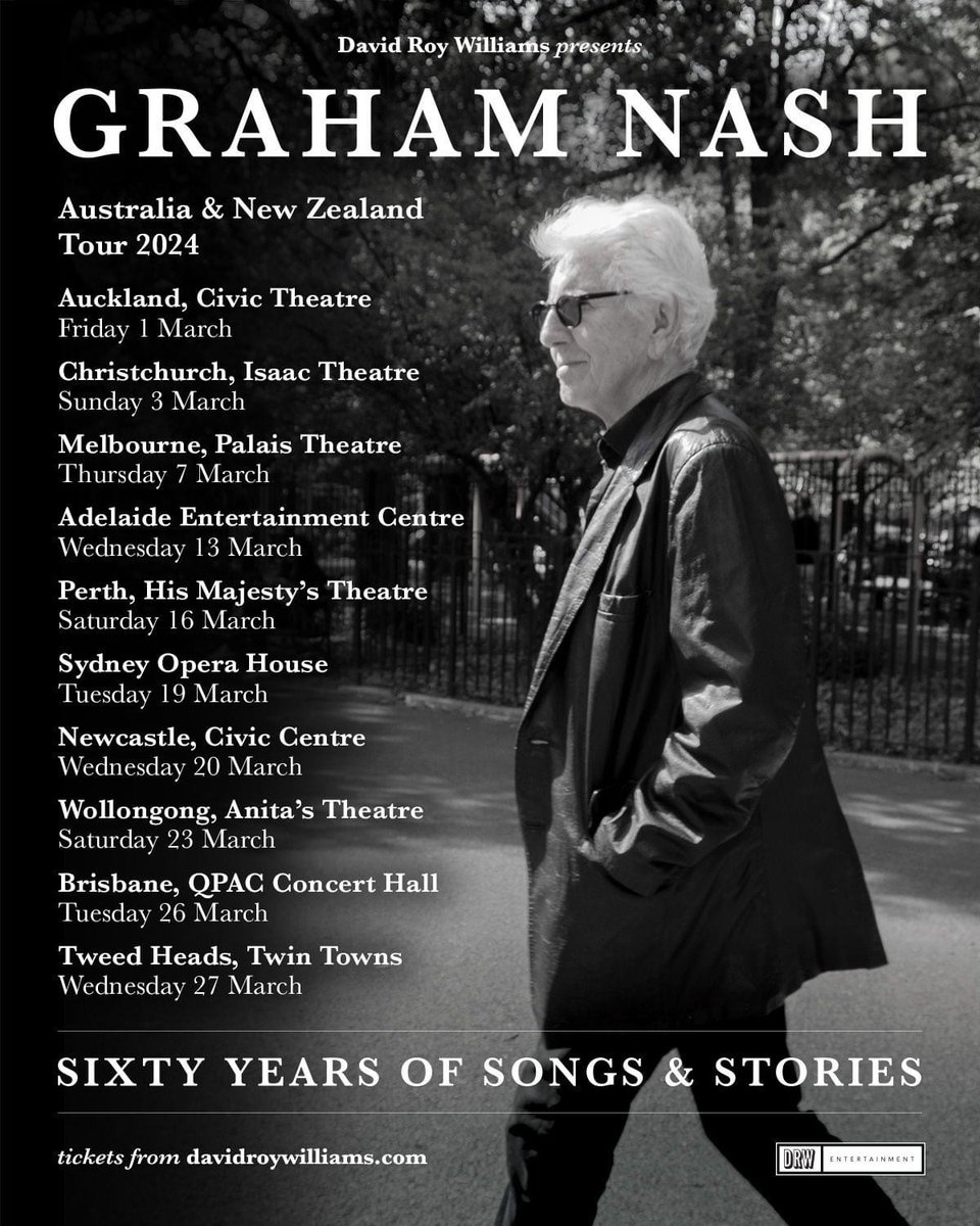 Excited to bring my Sixty Years of Songs and Stories tour to Australia and New Zealand! All shows are on sale now! linktr.ee/grahamnash See you then! #grahamnash #tour #australia #newzealand
