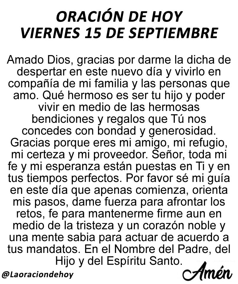 Oración diaria para hoy viernes 15 de septiembre de 2023.