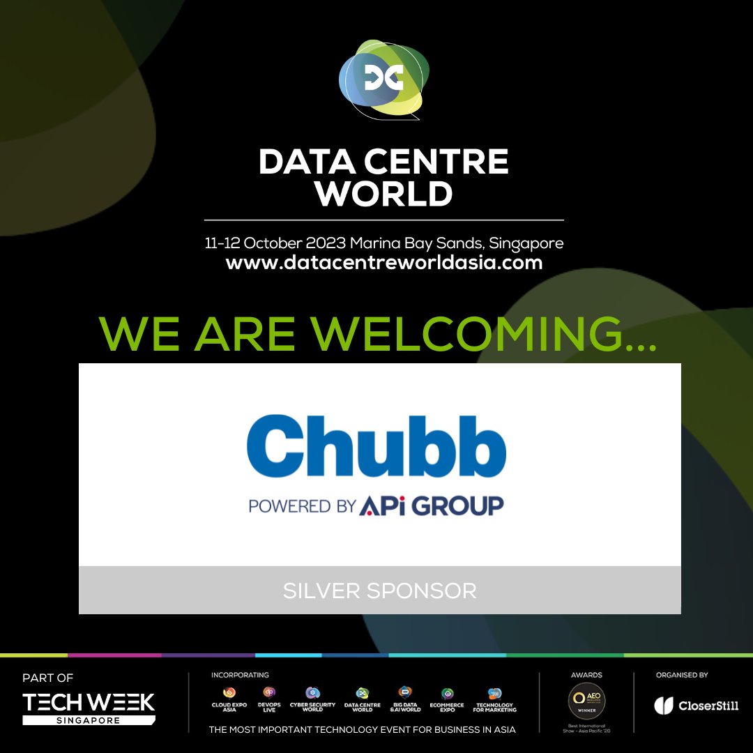 🎉Pleased to welcome <a href="/chubbfs/">Chubb Fire&Security</a>  joining #DCWA2023 as a Silver Sponsor 

Register for FREE TICKET now: lnkd.in/gnZNXB8D

📍Visit the team at Stand #S40 at Data Centre World Asia this year on 11 &amp; 12 October 2023 at Marina Bay Sands, Singapore.

#DCWA23 #DataCentre