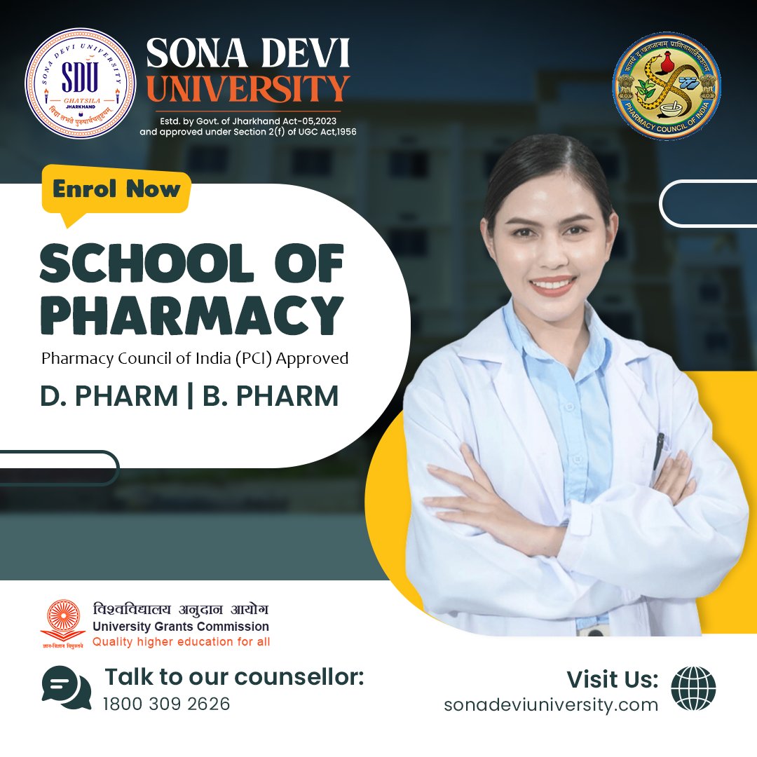 📷📷 Admission Alert! 📷

Join the esteemed School of Pharmacy at Sona Devi University and embark on a rewarding journey in the field of pharmaceutical sciences! 📷📷

Register Now: sonadeviuniversity.com/school-of-phar…
Talk to our counsellor: 1800 309 2626

#AdmissionOpen #SchoolOfPharmacy
