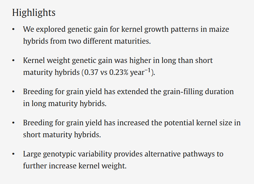 Maize breeding increased final kernel weight (and yield) via different mechanisms depending on the hybrid maturity.
Check our new article at FCR: authors.elsevier.com/a/1hlL-1M2tVVI…

<a href="/isuagronomy/">Iowa State Agronomy</a> <a href="/SArchontoulis/">Sotirios Archontoulis</a> <a href="/krlamkey/">Kendall Lamkey</a> <a href="/FoundationFAR/">Foundation for Food & Agriculture Research (FFAR)</a>
