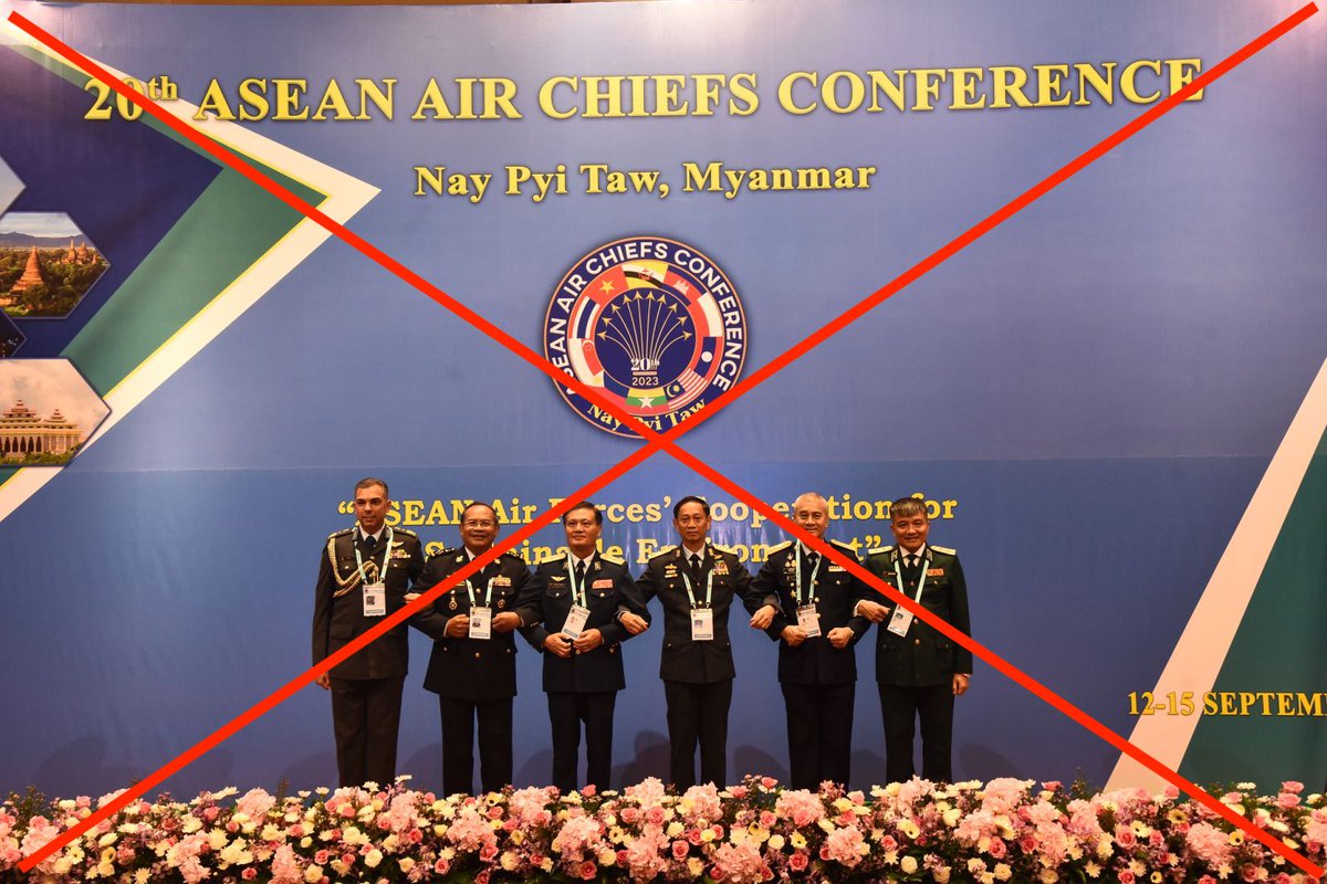 JusticeMyanmar's tweet photo. Slimmed-down ASEAN Air Chiefs Conference went ahead in #Myanmar, hosted by junta war criminal Htun Aung, after half of ASEAN air force chiefs refused to attend.

Shame on #Brunei, #Cambodia, #Laos, #Thailand and #Vietnam air chiefs for attending, giving support to mass murderers. https://t.co/Wf7JqT7gFM