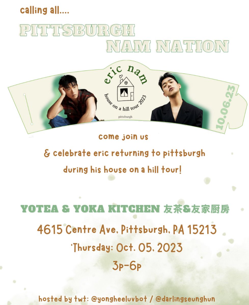 yongheeluvbot's tweet photo. pittsburgh #namnation 

love eric nam? 

love boba tea? 🧋 

happy to announce that we are hosting a cupsleeve event for @ericnamofficial the day before his concert in PGH! we are so glad he is returning~

details below;
we hope to see you there 🌟💚 

♡ / ↻ to spread the word https://t.co/5RHJaSPWYL