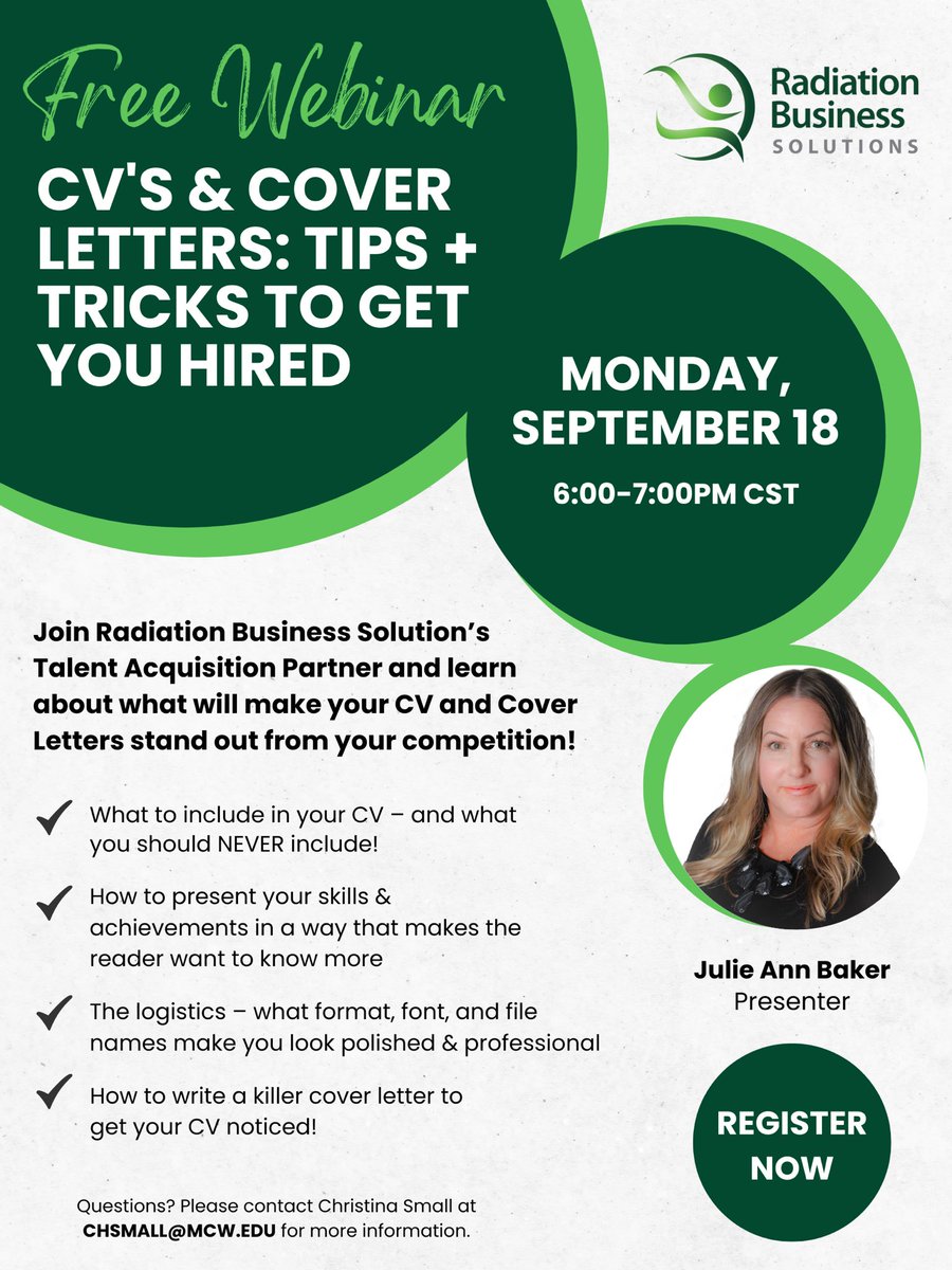Grateful for <a href="/RadBusSolutions/">RadBusSolutions</a> for sponsoring this year’s <a href="/S_W_R_O/">SWRO</a> networking event at ASTRO! Also excited for their upcoming cover letter &amp; CV writing workshop. Sign up for the webinar here: bit.ly/3LkHiR8
