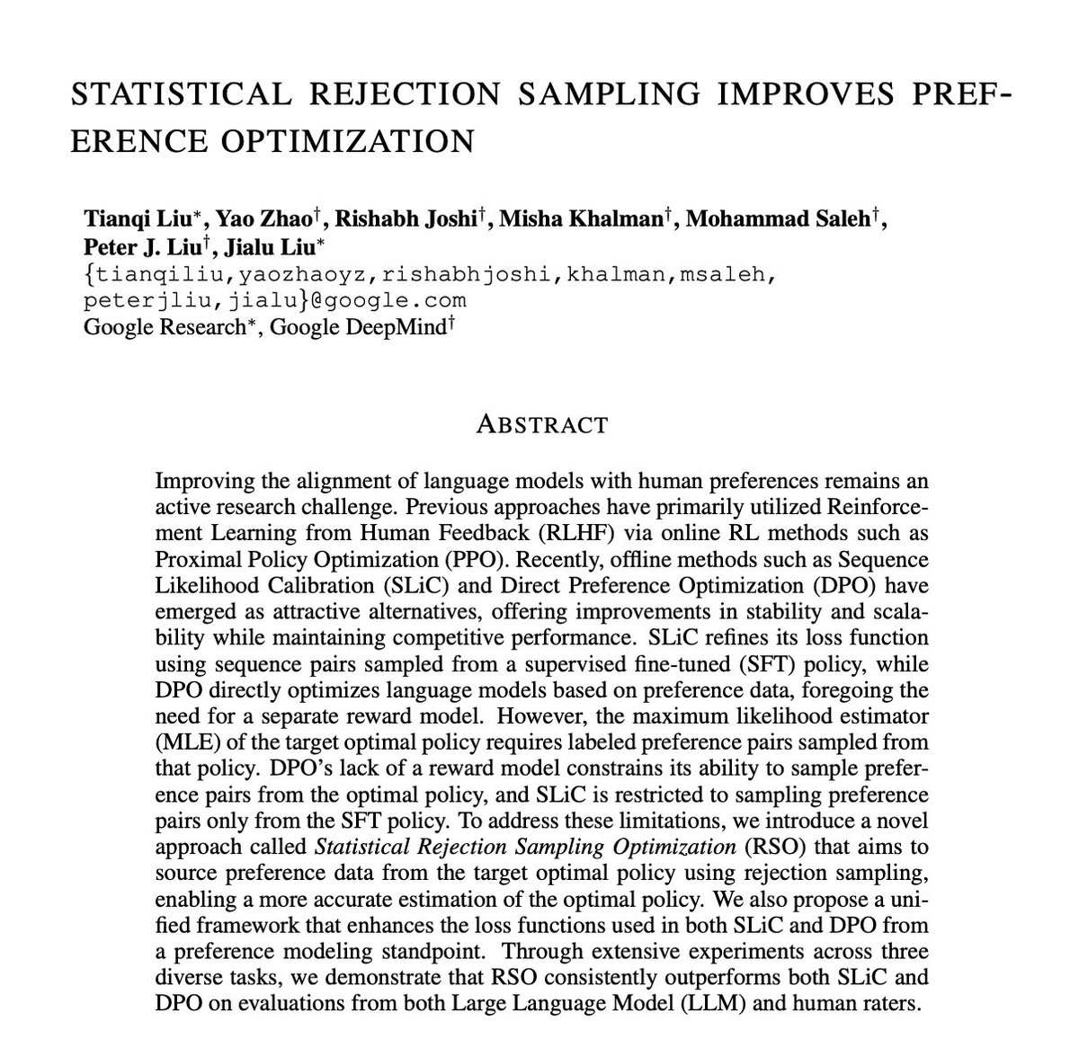 Statistical Rejection Sampling Improves Preference Optimization

paper page: huggingface.co/papers/2309.06…

Improving the alignment of language models with human preferences remains an active research challenge. Previous approaches have primarily utilized Reinforcement Learning from