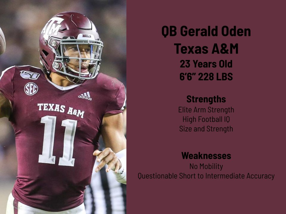 RZFoxSports's tweet photo. With the season beginning to approach the post season, lets take a look at some of the potential future QB's of the RZ!
Projected QB 1: Gerald Oden out of Texas A&amp;M https://t.co/cAngkT741X