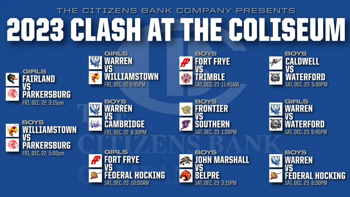 W_G_B_'s tweet photo. From the tip, this is going to be 🔥🔥🔥Two powerhouses get us started!! Mark your calendars now!! December 22nd and 23rd, The 2nd Annual Clash at the Coliseum presented by The Citizens Bank Company!! Best two days of ball in the area!#clashatthecoliseum #LetsGoBlue #girlsballtoo https://t.co/5Z6zeEvCpx