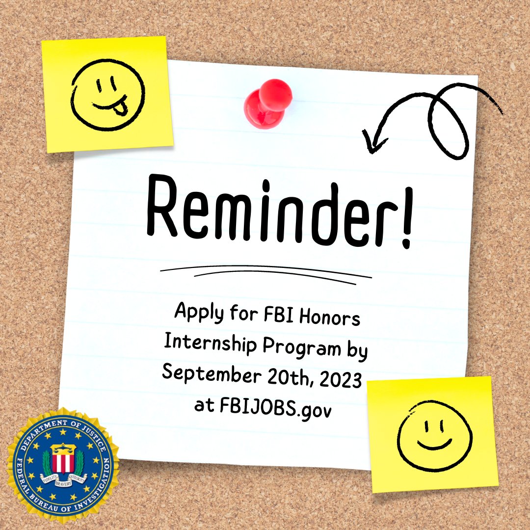 FBIElPaso's tweet photo. There are 7️⃣ days left to apply for the FBI Honors Internship Program! 📚🍎 Check out https://t.co/Nfa82OUSEw for the application and eligibility requirements.  #FBIinternship #InternshipOpportunity #CareerGoals #FutureFBIAgent https://t.co/AWnENiU7Wr