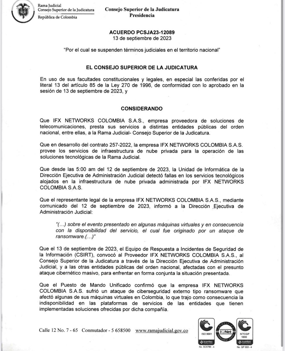 jairoparrac's tweet photo. 📣📢 IMPORTANTE. SUSPENSIÓN DE TÉRMINOS. CS de la J. ACUERDO PCSJA23-12089 de 2023: 

Suspende los términos judiciales, en todo el territorio nacional, a partir del 14 y hasta el 20 de septiembre de 2023, inclusive, salvo para las acciones de tutela, hábeas corpus y la función de control de garantías —⬇️⬇️—