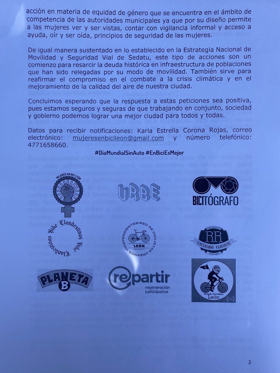 mciclistas_leon's tweet photo. 🚨 El día de hoy hicimos llegar un oficio de solicitud a la presidenta municipal @AleGutierrez_mx  para la INSTALACIÓN DE CICLOVÍA EMERGENTE POR EL DÍA MUNDIAL SIN AUTO #22S en horario de 7:00 am a 8:00 pm, desde Centro Max hasta Julián se Obregón. @CynChavezR 
@movilidad_leon https://t.co/9NQgBG747q