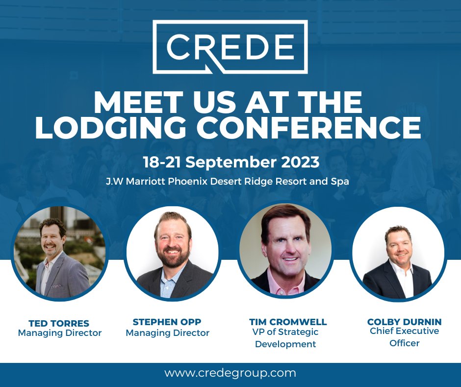 The Lodging Conference is right around the corner. Don't miss the opportunity to connect with the CREDE team and learn how our hospitality experts can make your next project a success.

#LodgingConference #HospitalityRealEstate #Hospitality