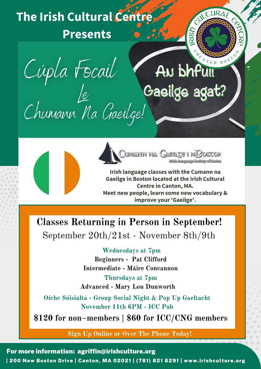 IrishCultureBos's tweet photo. We're delighted to have @CumannnaGaeilge in Boston returning next week for in-person Irish Language Classes! Sign up online at https://t.co/D58VIjyUDH to secure your place! #Irishlanguageclasses #gaeilge #bostonirish #LearnIrish https://t.co/r5rq1xcKDc