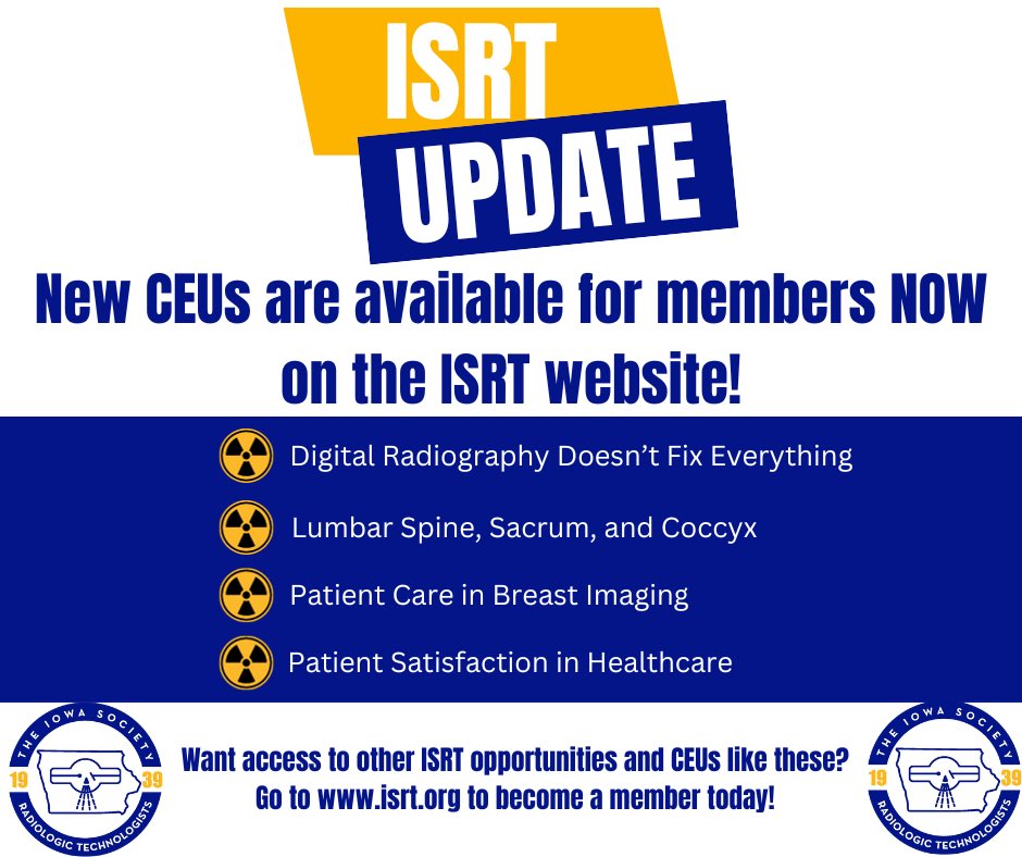 ISRT1895's tweet photo. ‼️Attention ISRT members‼️
New CEUs are live and available now for members on our website, https://t.co/r5d3tznebe!

Not a member but want access to awesome continuing education opportunities like these? Become a member today by visiting us at https://t.co/VJpxLu9xg2 https://t.co/AFbn03LsVK