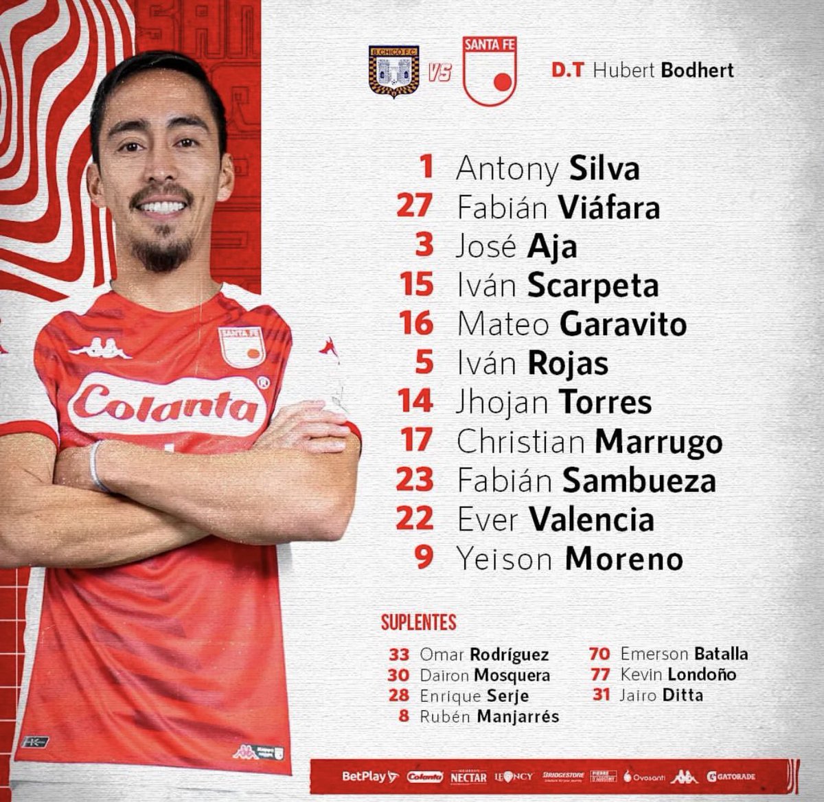 ¡Titular de <a href="/SantaFe/">Independiente Santa Fe</a> 🇮🇩 para enfrentar a <a href="/BCHICOFCOFICIAL/">BOYACÁ CHICÓ F.C.</a> ♟️!

✴️ Sin novedades con respecto al equipo que jugó el clásico. 

¿Les gusta?💬