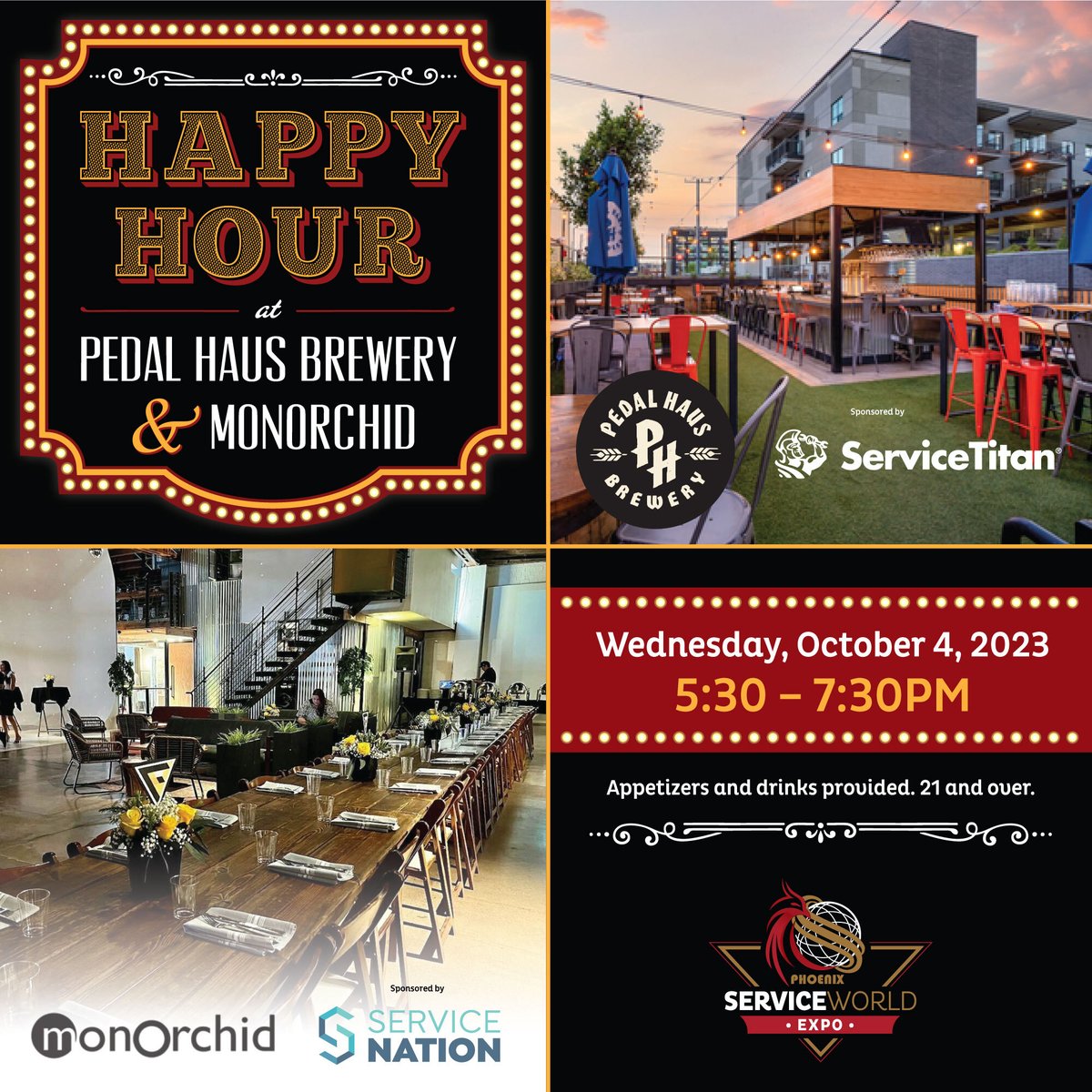 servicenation_'s tweet photo. One of the best parts of #ServiceWorldExpo is getting together for the best hour...Happy Hour! Join us for drinks and appetizers at Pedal Haus Brewery and MonOrchid on Wednesday October 4th! Sponsored by us and ServiceTitan 

See you at happy hour!
https://t.co/9Js4cChJx9 https://t.co/0eYm26bXGy
