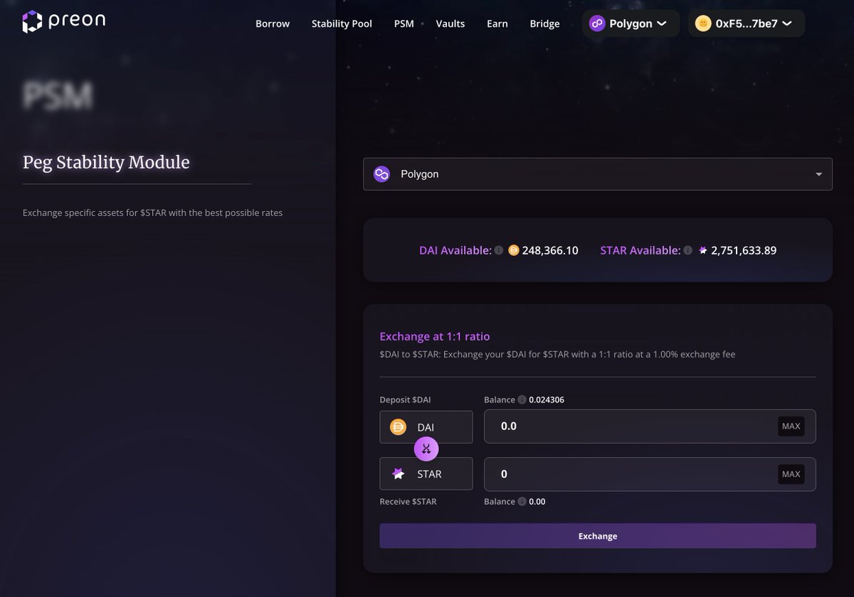 PreonFinance's tweet photo. Well well, Preonauts... what do we have here? 👀

@MakerDAO's $DAI has found its way into the Preon universe 🌐

As the Peg Stability Module (PSM) asset on @0xPolygon, its presence has been felt. Already, a few hundred thousand $STAR minted &amp; the peg is stronger than ever! 🌟 https://t.co/17EqKXnkfS