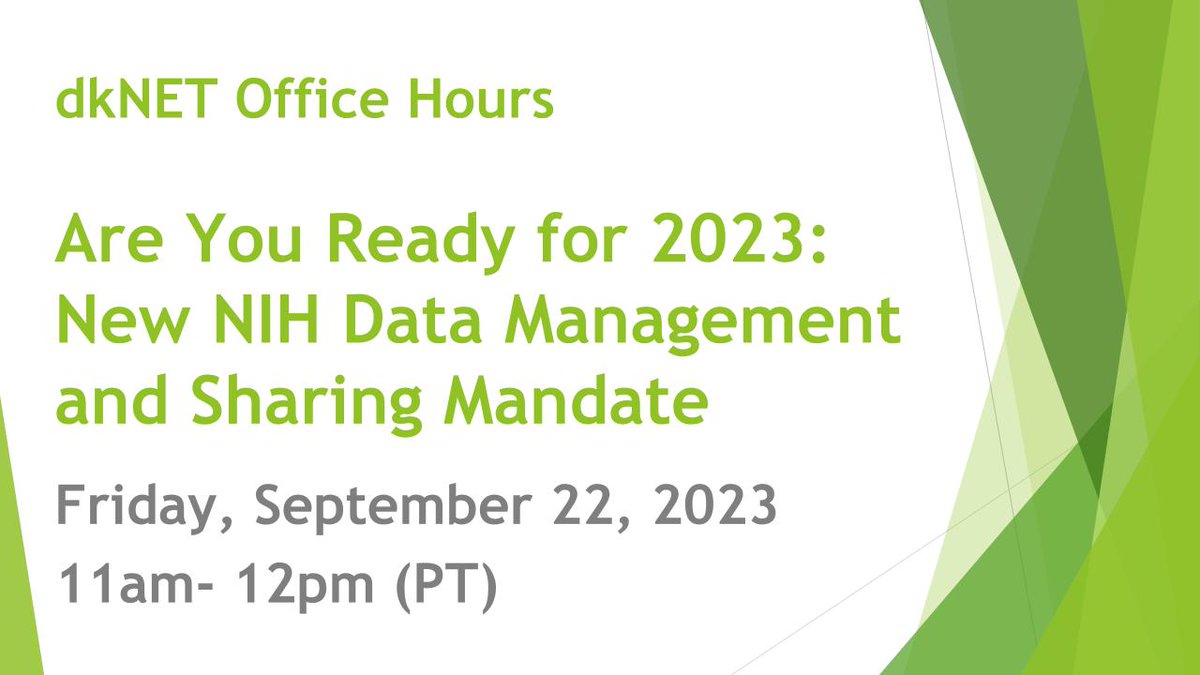 dkNET_Info's tweet image. Join #dkNET office hours on Friday, Sep. 22, 2023, 11 am PT “Are You Ready for 2023: New NIH Data Management and Sharing Mandates”
Register now👇
dknet.org/about/blog/2652
#datamanagement #datasharing