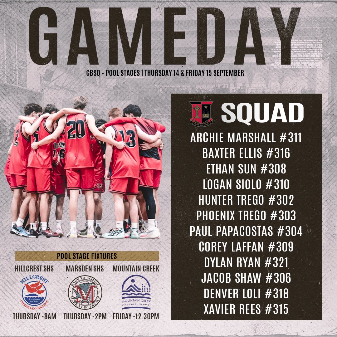 Gameday 🔴⚫️🏀

The action doesn’t stop with day 1 of the Champion Basketball School Queensland (CBSQ) getting underway on the Gold Coast today.

Game 1️⃣
🆚 Hillcrest SHS 
⏰ 8.00 am 

Game 2️⃣
🆚 Marsden SHS
⏰ 2.00 pm
