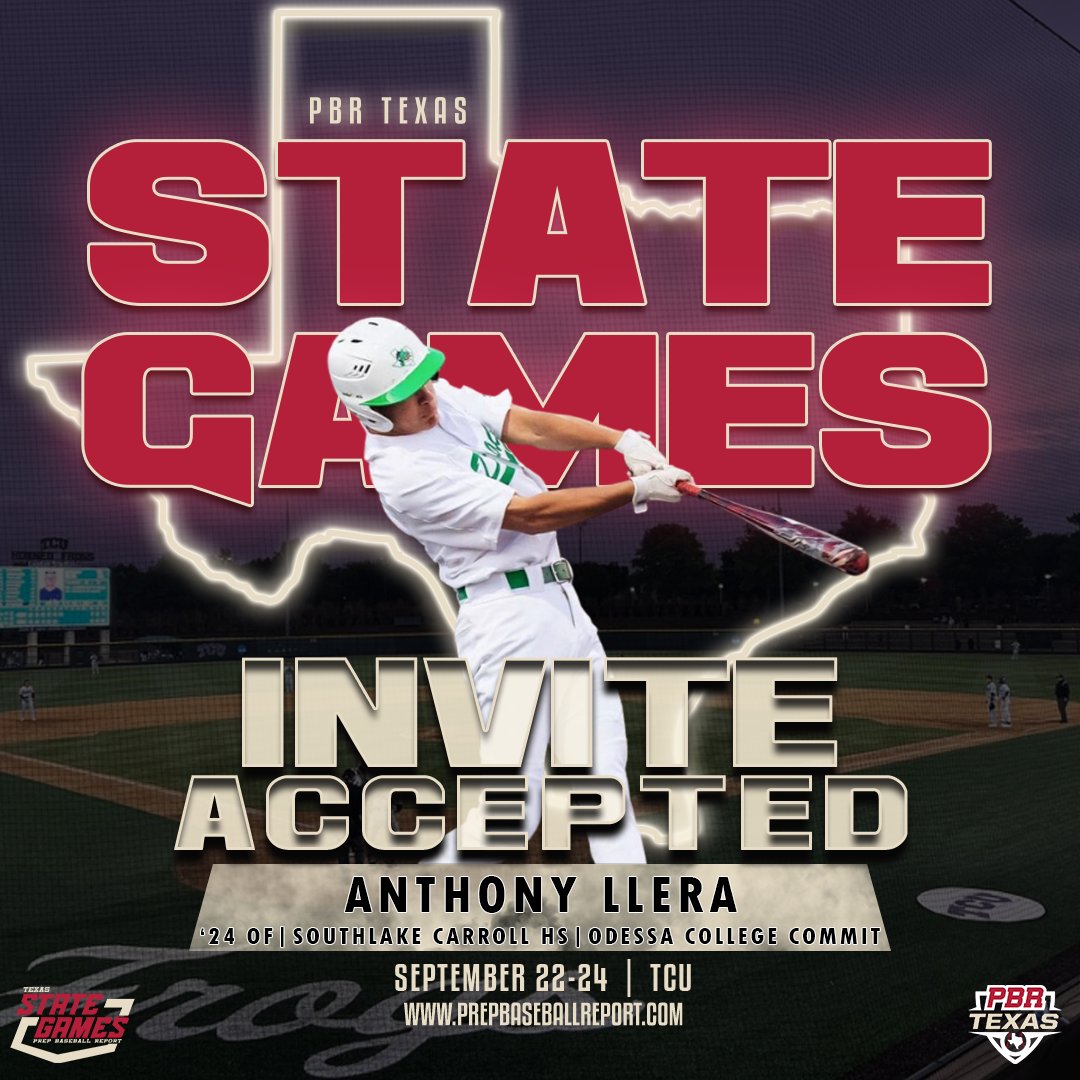 🚨𝐒𝐭𝐚𝐭𝐞 𝐆𝐚𝐦𝐞𝐬 𝐈𝐧𝐯𝐢𝐭𝐞 𝐀𝐜𝐜𝐞𝐩𝐭𝐞𝐝🚨 

'24 OF Anthony Llera  (<a href="/LleraAnthony/">Anthony Llera</a>)
<a href="/DragonBaseball/">Carroll Dragon Baseball</a> | <a href="/StixBaseballTX/">Stix Baseball</a>
 
The Odessa College commit joins us at the 2nd Annual State Games, 9/22-9/24 at TCU

@PBRGowins | <a href="/prepbaseball/">Prep Baseball</a>

More Info: loom.ly/qm4ZVNc