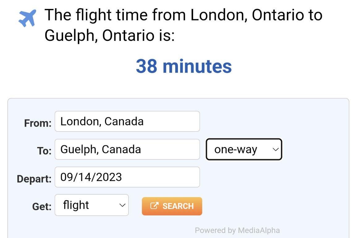 TheSarcasticist's tweet photo. London is just down the highway from Guelph.

90 minutes by car, 40 minutes by plane.

Private planes are far less efficient than commercial jets. Pierre Poilievre was flying commercial/economy on WestJet when he used the PA system. 

The Liberal Party complains the Conservatives don't have a "climate plan". Maybe the Conservatives don't need one as badly as the Liberals do.