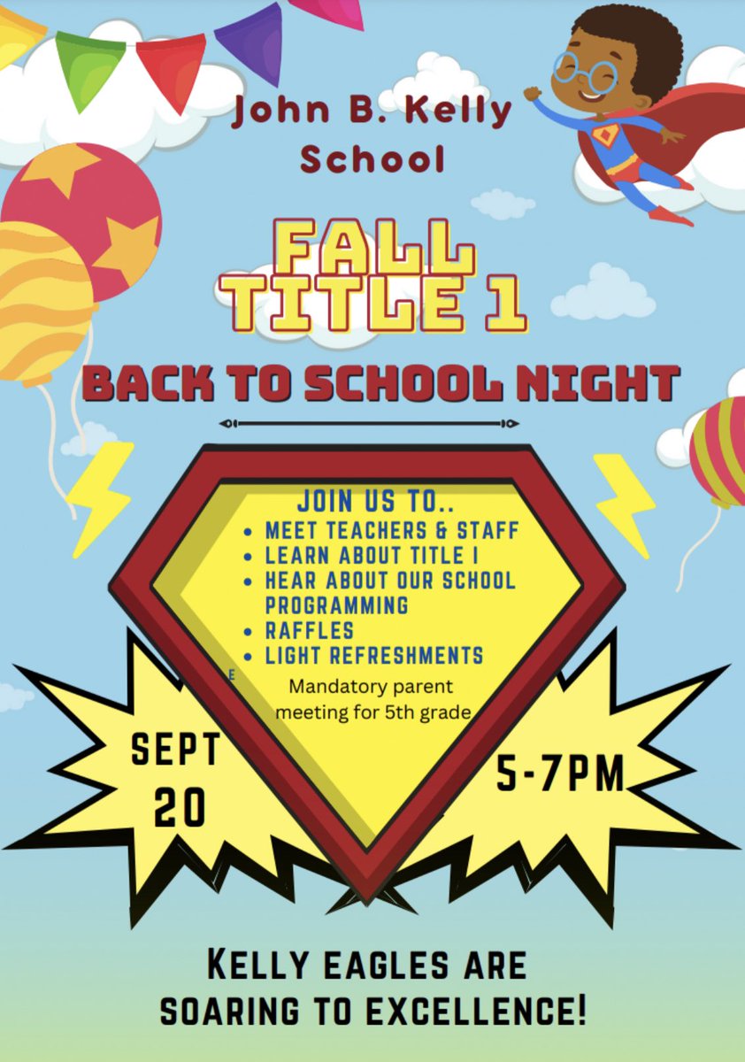 📣Join us for Fall Title 1/Back to School Night! September 20th from 5-7pm. There will also be a mandatory 5th grade meeting as well. Meet school staff, learn about Title 1, and discuss our school program. We will be raffling off GIFT CARDS &amp; SCHOOL SWAG!