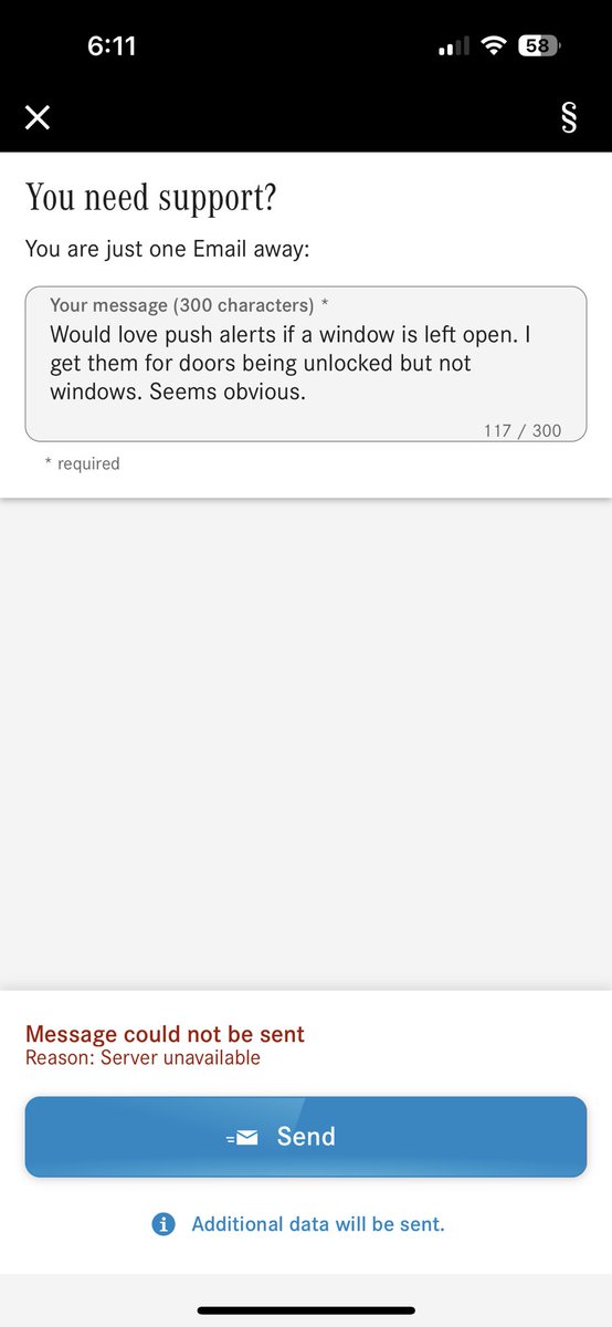 Jamesholland's tweet photo. Hey @MercedesBenz - your app asked for feedback, but your server is down (along with my window. Arf.) https://t.co/uR70Y0zp7S