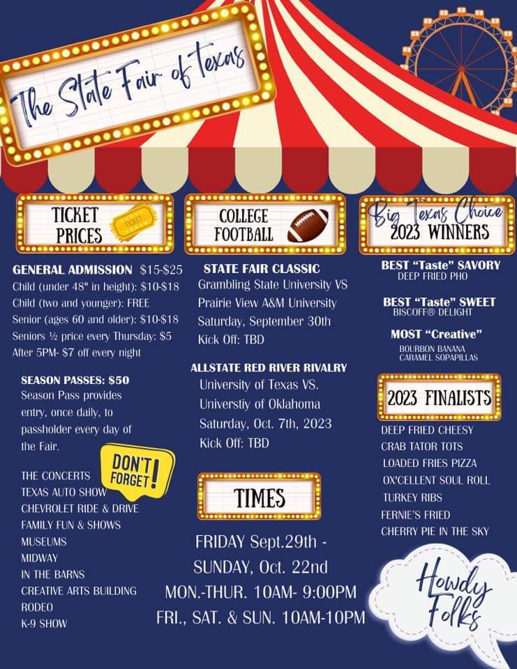 tjclassof1983's tweet photo. Just FYI.... The State Fair of Texas will be in full swing during our reunion weekend. Best days to go would be Thursday or Sunday. More info here: https://t.co/3i45LDTptY https://t.co/HVgPsPDT3K