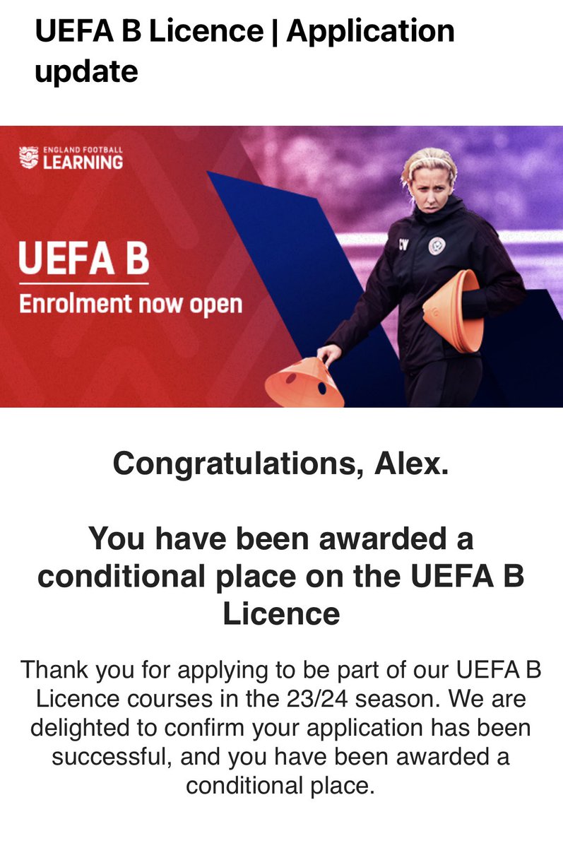 🙌🏽🙌🏽 Buzzing to have been accepted onto the UEFA B 🤩🤩
Really excited to take this next step plenty of hard work ahead #alwayslearning #bigthingstocome ⚽️