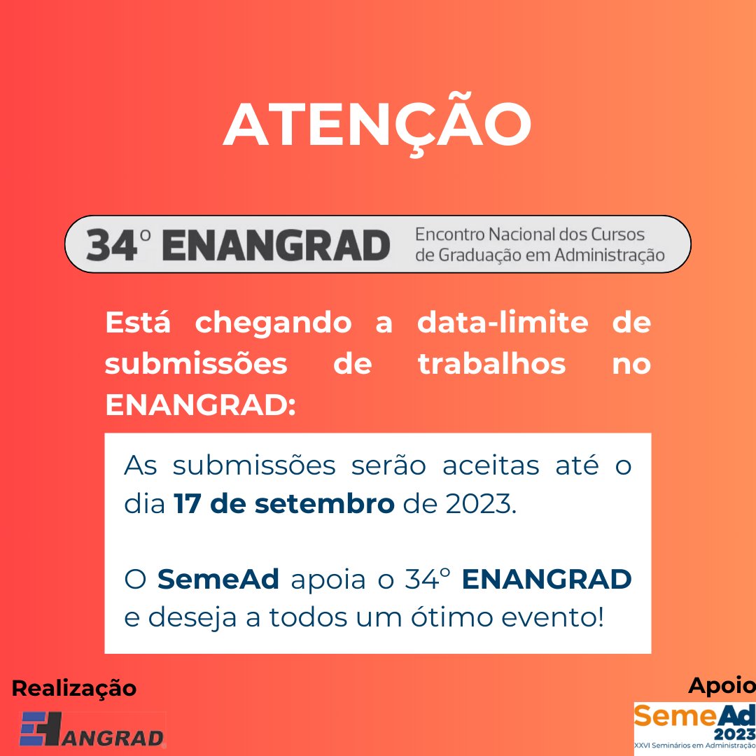 seme_ad's tweet photo. O SemeAd é um parceiro e apoiador de cooperação científica do 34º ENANGRAD - Encontro Nacional dos Cursos de Graduação em Administração.

E viemos lembrar que a data-limite de submissões está chegando: 17 de setembro de 2023.

Acesse o site: https://t.co/pMy7SXPSFd https://t.co/uuxCoMvLSq