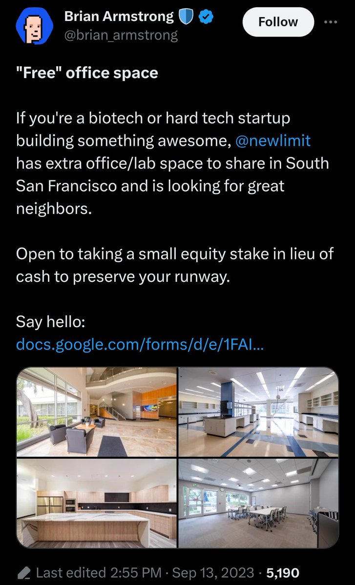 ParrotCapital's tweet image. 🚩 $COIN CEO Brian Armstrong has been reduced to hawking "free" office space on Twitter for his failing #lifeextention startup #NewLimit, as if the site is some sort of Craigslist ad market.

🚩 #Coinbase isn't Brian Armstrong's only disaster, but hopefully it will be his last.👇