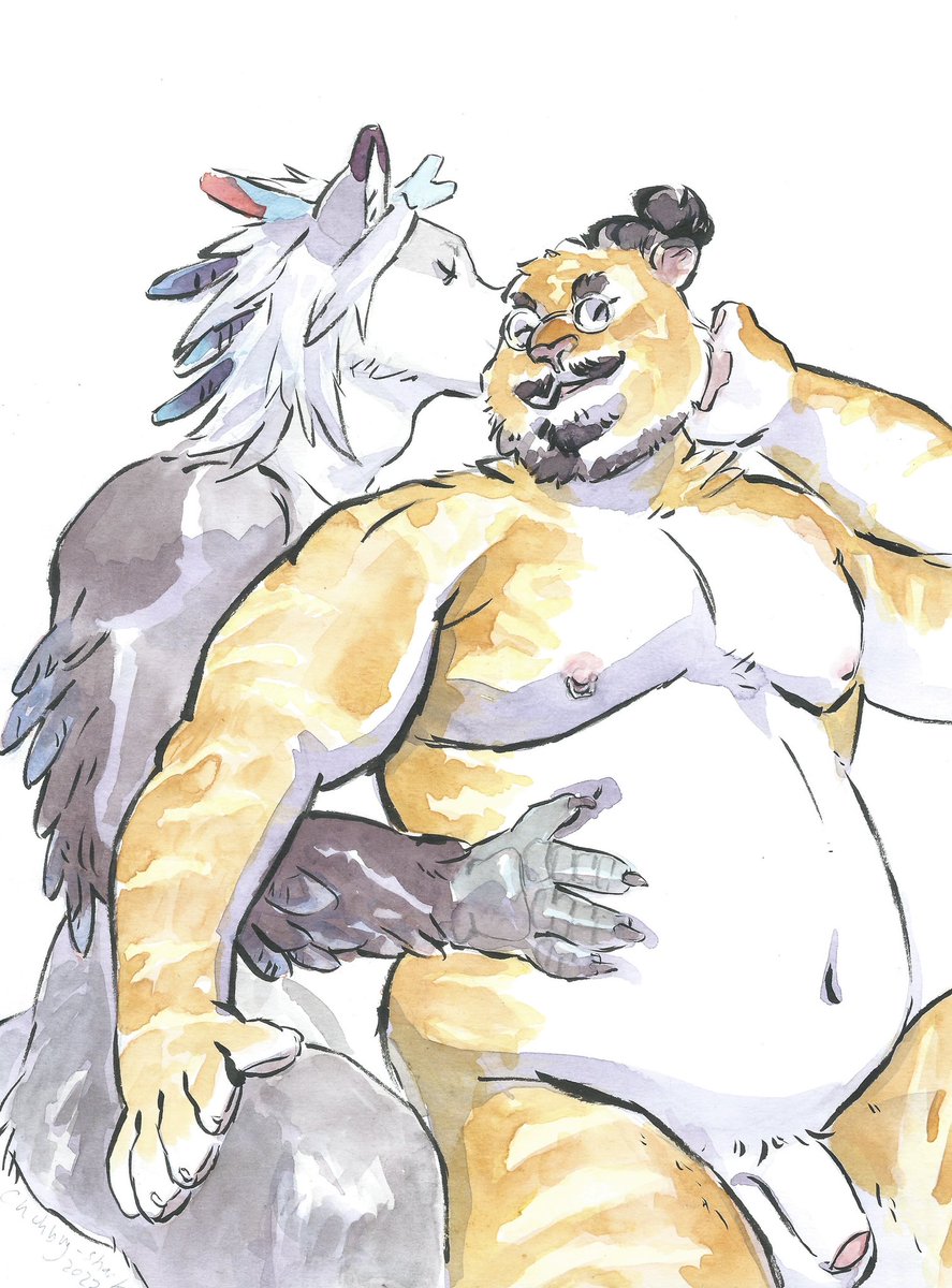 An amazing piece done by one of my favorite artists @chubby_shark at the #EF27 featuring my wolfy self and my chubby tiger boyfriend hugging and kissing. 💚💚💚 (contains artistic nudity)