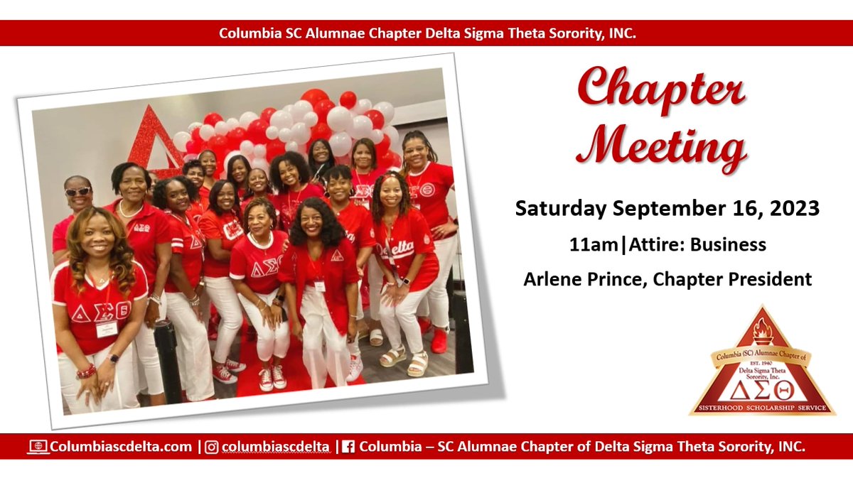 📢 Calling all Sorors to the floor: Join us for our September chapter meeting Saturday September 16, 2023 at 11am. 
Visiting Sorors please email memberverification@columbiascdelta for verification and approval. 
Don't meet us there beat us there ‼️
#DeltaSigmaTheta #AOML #CACDST