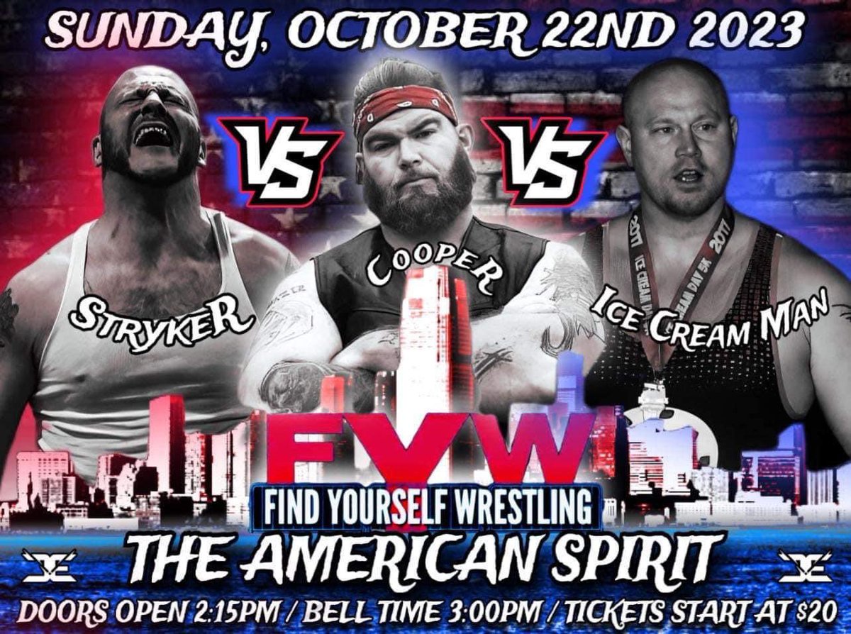 FindYourselfPro's tweet photo. 🚨Match Announcement!
Triple Threat Match!!! 
The Stryker Faces off against Copper &amp; The Ice Cream Man!!!!
3 Men Will Fight 
Only 1 will come out the Winner

Sunday 10/22 Pompton Lakes Elks #1895 NJ
FYW Live Pro Wrestling: The American Spirit

TICKETS- https://t.co/2d1jJpzOaJ https://t.co/kB7msbhvjl