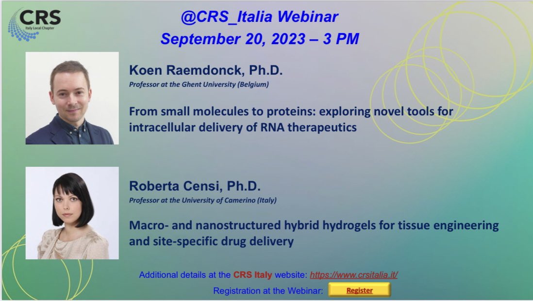 CRS Italy Local Chapter (@crs_italia) on Twitter photo It’s September🍂 it’s time for a new #webinar! Join us on wednesday 20th at 3 PM: prof. <a href="/koenraemdonck/">Koen Raemdonck</a> <a href="/ERC_Research/">European Research Council (ERC)</a> 🇧🇪and prof. Roberta Censi 🇮🇹 will be discussing their results on #RNAtherapeutics and #hybridhydrogels. Register at unipd.zoom.us/meeting/regist… It’s September🍂 it’s time for a new #webinar! Join us on wednesday 20th at 3 PM: prof. <a href="/koenraemdonck/">Koen Raemdonck</a> <a href="/ERC_Research/">European Research Council (ERC)</a> 🇧🇪and prof. Roberta Censi 🇮🇹 will be discussing their results on #RNAtherapeutics and #hybridhydrogels. Register at unipd.zoom.us/meeting/regist…