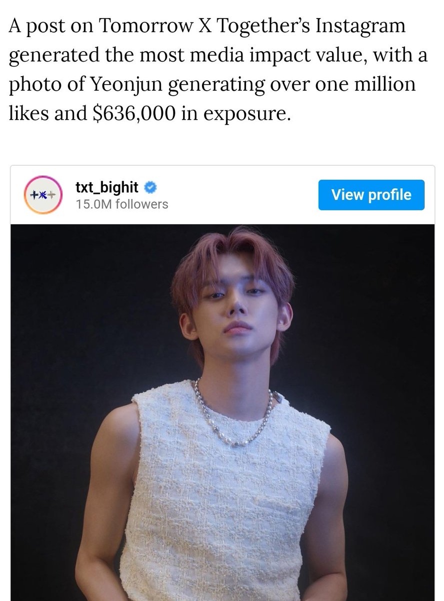 TXTCHART_KR's tweet photo. TOMORROW X TOGETHER's ambassadorship announcement resulted in Dior receiving a remarkable $6.2 million worth of media exposure. Yeonjun's Instagram photo garnered the highest media impact, amassing over 1M likes &amp; contributing $636,000 in exposure value. https://t.co/JiFLWvQztz https://t.co/bnYWAIAkGp