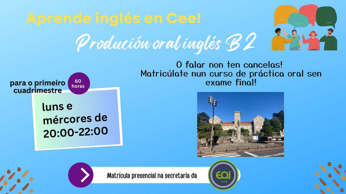 Se o que buscas é mellorar as túas destrezas orais, temos unha oferta para ti.
Visítanos ou chama para informarte!