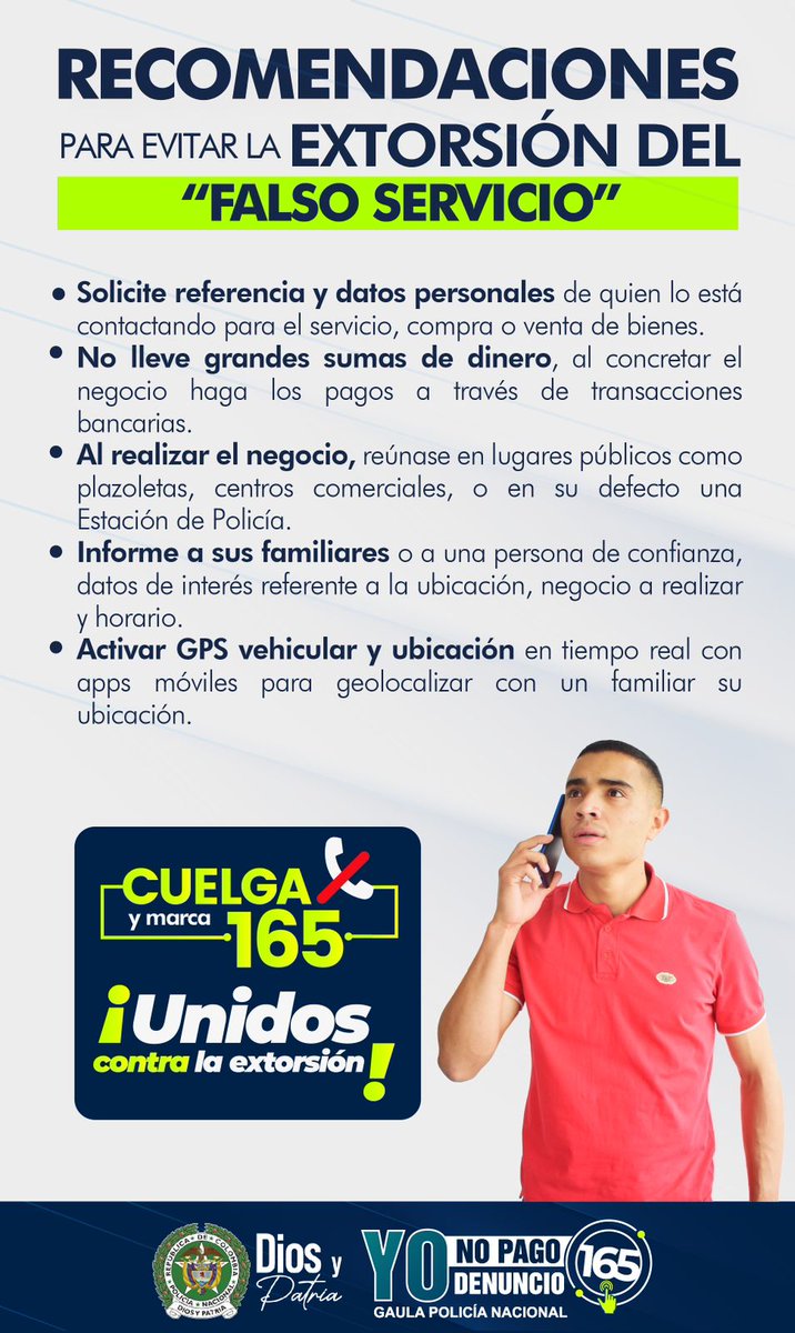 #SOSGanadero 

Ganaderos: comparto esta pieza gráfica con recomendaciones de la <a href="/PoliciaColombia/">Policía de Colombia</a> para que conozcan la modalidad de extorsión denominada "Falso Servicio" y sepan cómo pueden enfrentarla.

<a href="/Fedegan/">FEDEGAN</a>
<a href="/CarabinerosCol/">Carabineros de Colombia</a>
#SeguridadGanadera
#Fedegán60Años
#DerribandoMitos