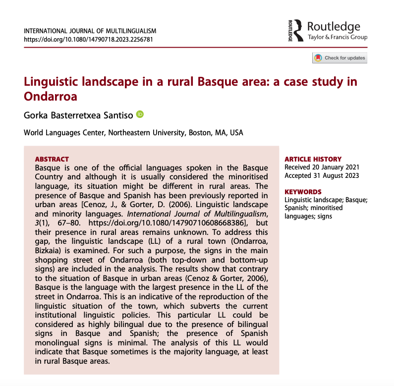 gorkabs's tweet photo. Check out my latest publication on International Journal of Multilingualism! "Linguistic landscape in a rural Basque area: a case study in Ondarroa" 😃 Download it in https://t.co/0ZJQwX1bNo https://t.co/aUFxZdpUp0