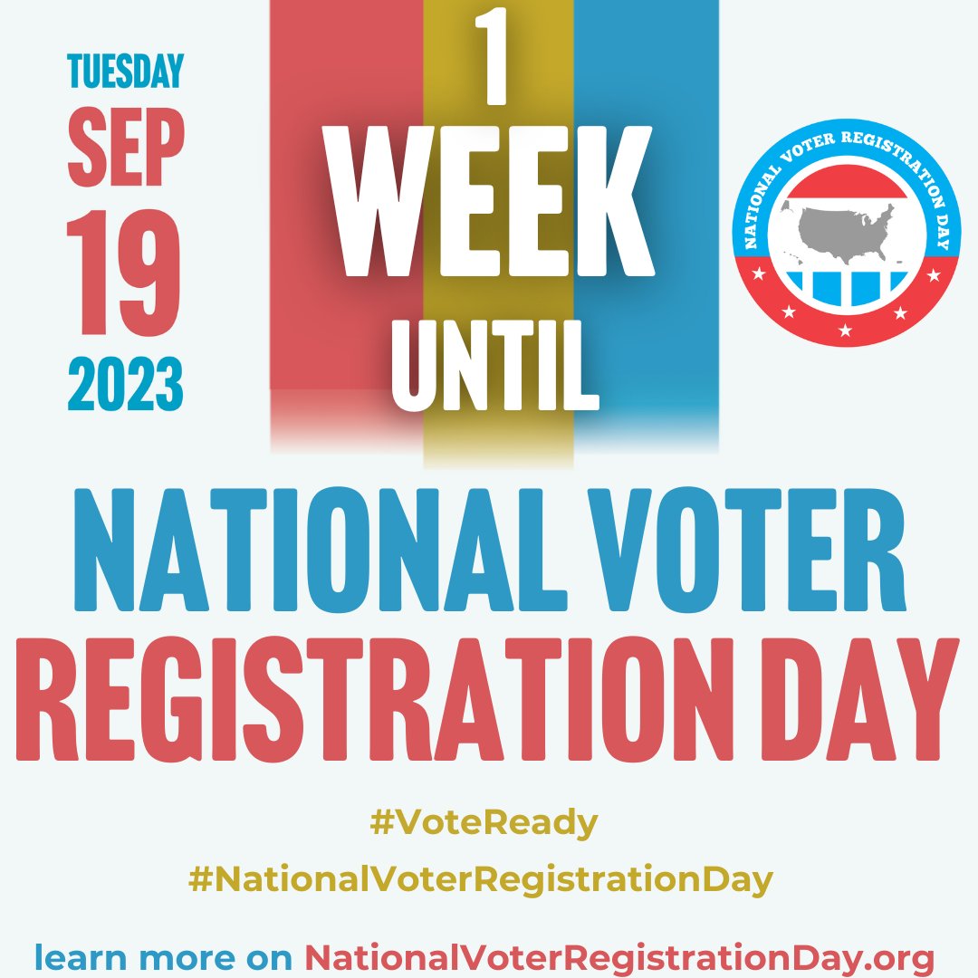 We're in the homestretch with less than ONE WEEK to go until we get America #VoteReady on 9/19 for #NationalVoterRegistrationDay 2023! Join up as a Partner & celebrate our democracy bit.ly/VoteReady2023
