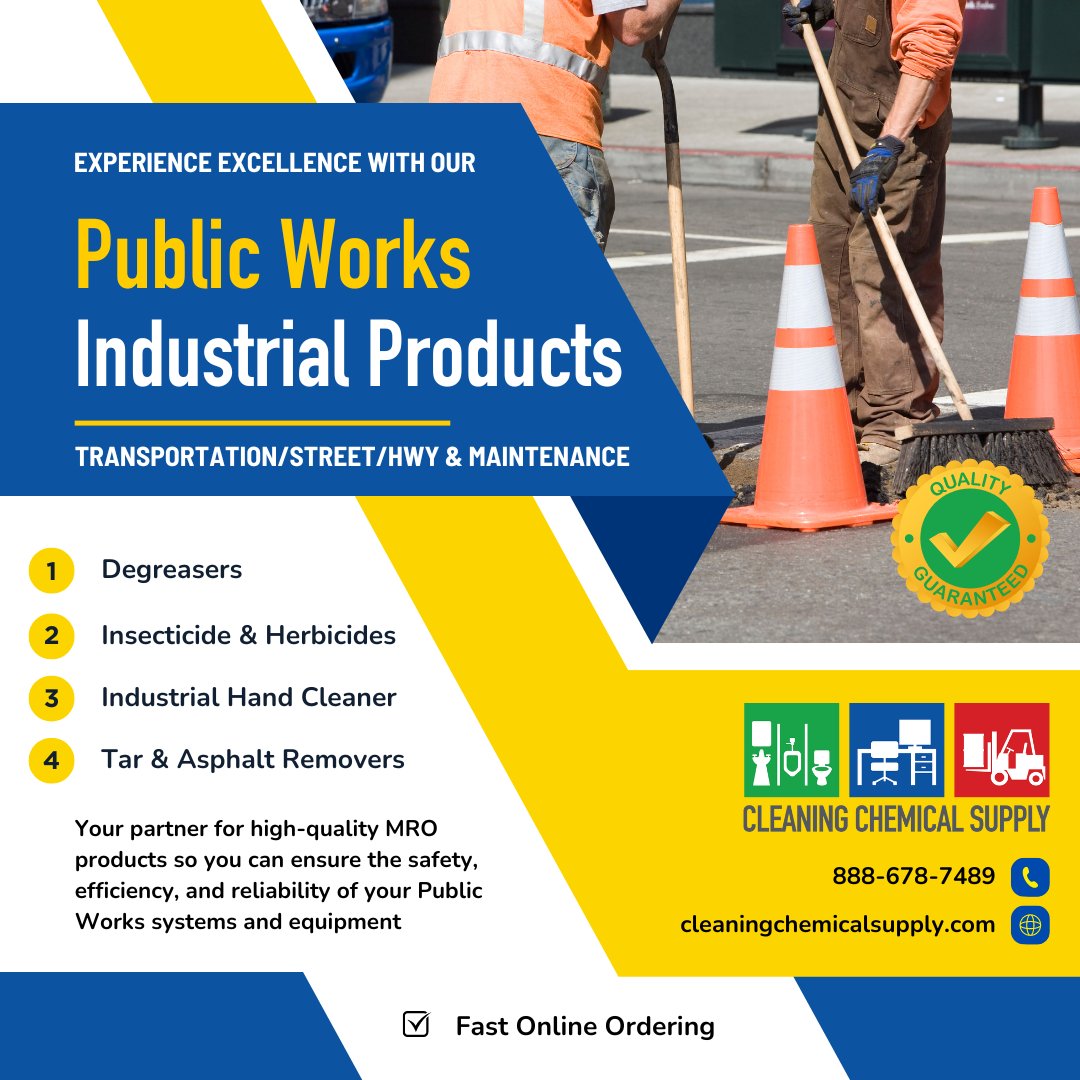 cleaningchem's tweet photo. We provide fast and affordable MRO industrial supplies to make the hard work of the Public Works Department sparkle. We provide solutions so they can take care of what really matters, the community.#nationalpreparednessmonth #publicworks #industrialsupplies #industrialmaintenance https://t.co/E9cuX6n6Ap