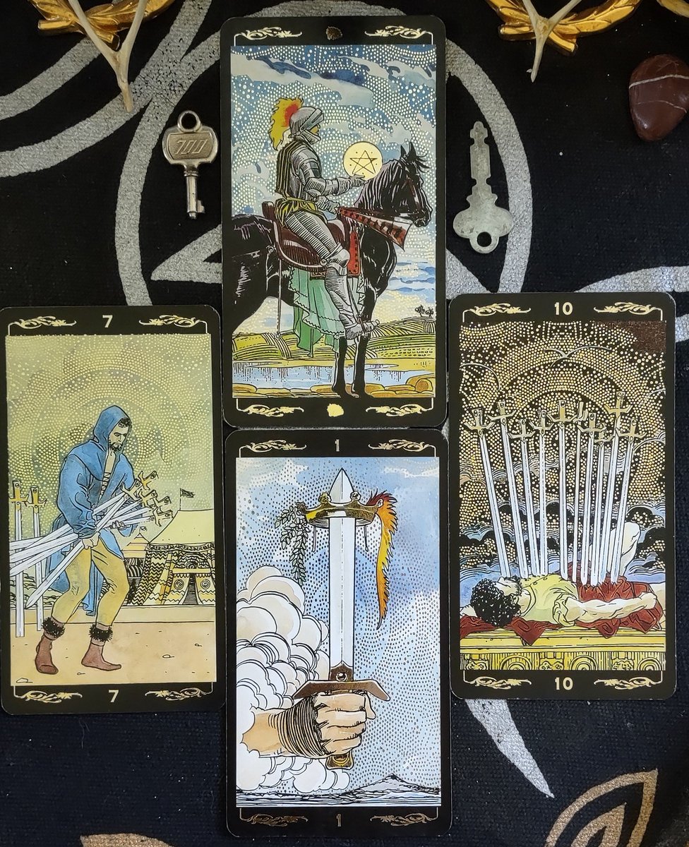 Welcome #Haus_der_Heiden
why do things look worse than they are
#4CardDraw #Odin #September13 
#HiddenPlan & #Inescapability
backed up by the #AceofSwords 
#Tarot2Day bodes well with the #KingofPentacles #Strength to weather
the #DailyTarot #Ritual #Blessings