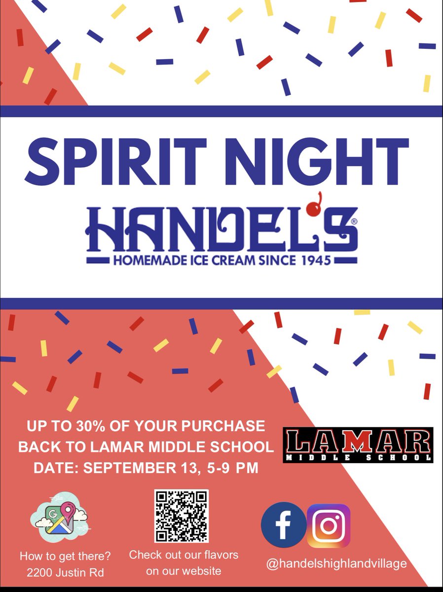 Please head to HANDEL’S on 407 and let them know you are there for the school spirit night! <a href="/TXMontano/">Samantha Montaño</a> will be scooping from 5:30-7:30 pm