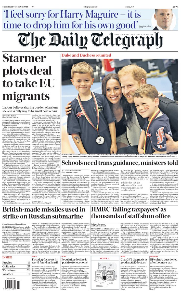 🗞️The front page of tomorrow's Daily Telegraph: 'Starmer plots deal to take EU migrants' #TomorrowsPapersToday Sign up for the Front Page newsletter ⬇️ telegraph.co.uk/frontpage-news…