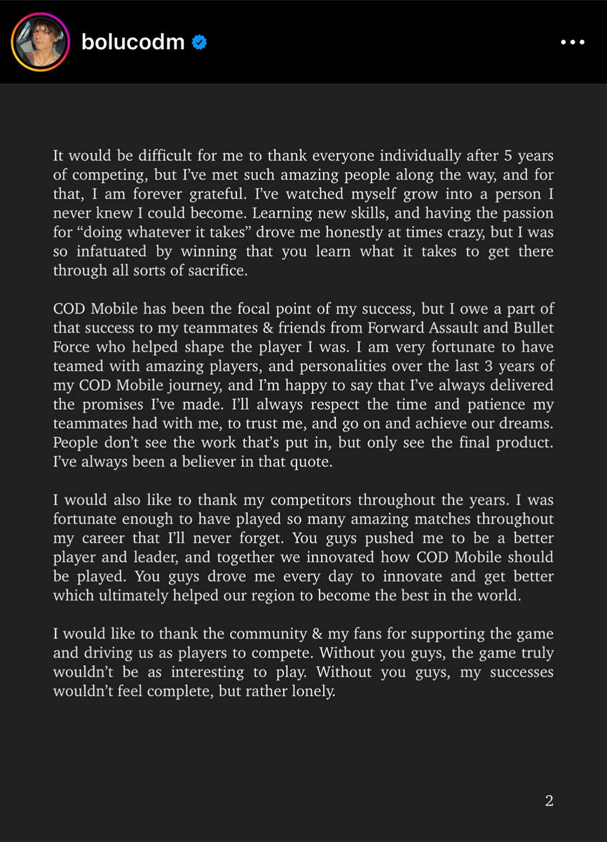 CoDMobileSports's tweet photo. .@BoLuCODM announces his official retirement from competitive COD mobile via his Instagram https://t.co/dL9J1mdOoZ