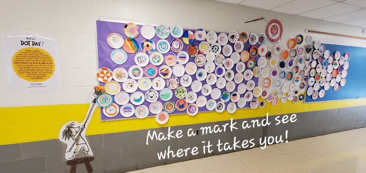 Cre8tiveLib's tweet photo. Days 1, 2 & 3 of our @FlowerHillMedia International Dot Day mural - we ❤️ to make our creative and colorful dots 🔴🟠🟡🟢🔵🟣 as we collaborate and #CreateBravely like 🎨 Vashti! @DotClubConnect @peterhreynolds https://t.co/bd02v18lEu
