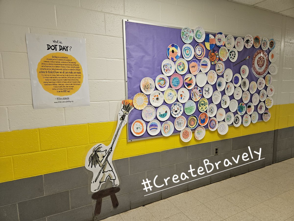 Cre8tiveLib's tweet photo. Days 1, 2 & 3 of our @FlowerHillMedia International Dot Day mural - we ❤️ to make our creative and colorful dots 🔴🟠🟡🟢🔵🟣 as we collaborate and #CreateBravely like 🎨 Vashti! @DotClubConnect @peterhreynolds https://t.co/bd02v18lEu