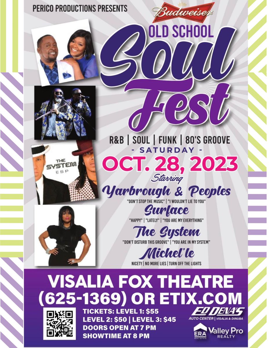 VisaliaFox's tweet photo. Old School Soul Fest!!  Coming to Visalia Fox on October 28th at 8 PM! Come and see the classics of, "Yarbrough &amp; Peoples", "Surface", "The System" and "Michel'le." Come and bust some moves with us here at The Fox! Get your tickets here @visaliafox or call 559-625-1369. https://t.co/rq5lSDcoay