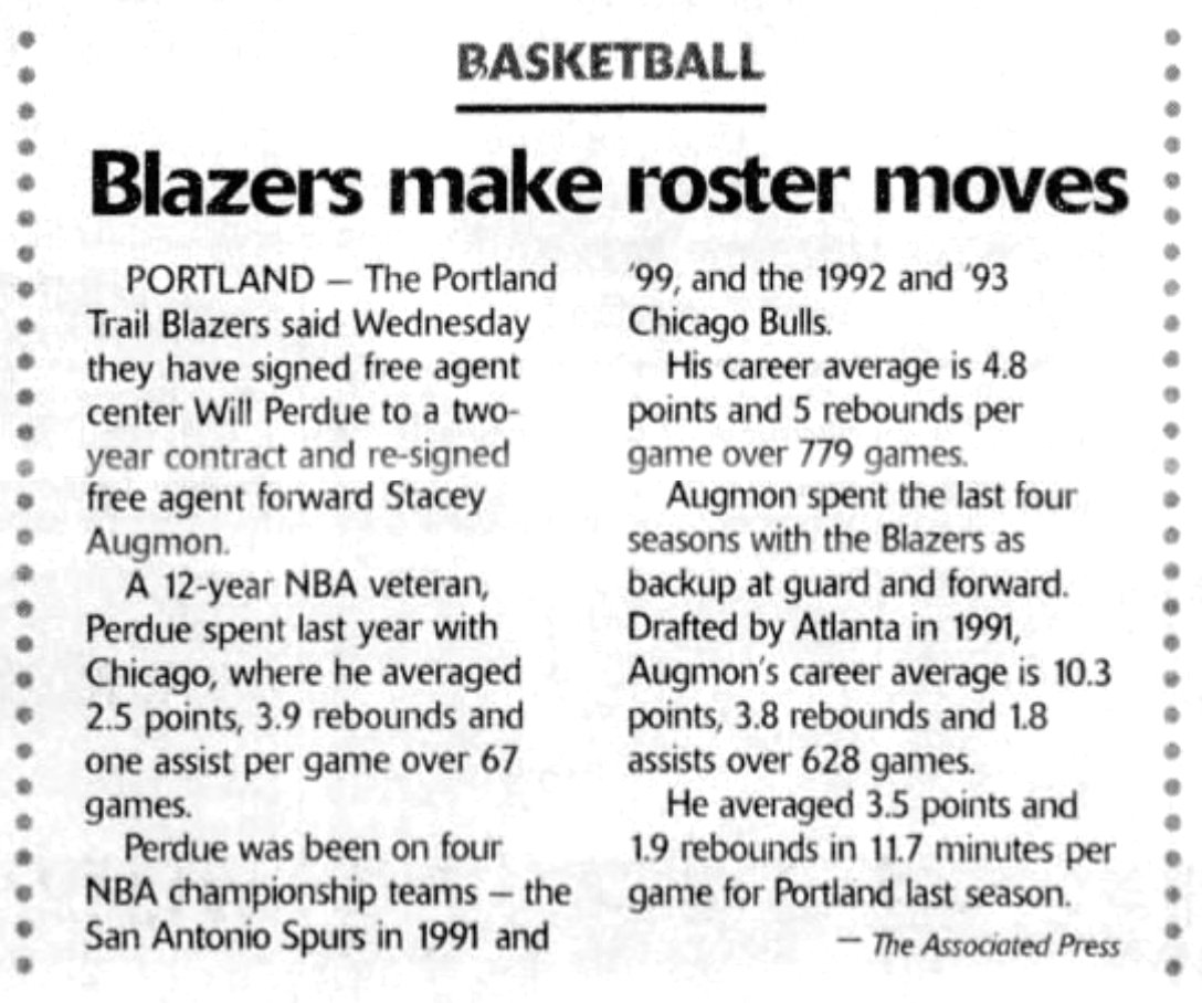77Blazers's tweet photo. Sep 13 2000 - The @trailblazers re-signed #StaceyAugmon & FA #WillPerdue
Augmon has played past 3 + seasons w/#Blazers & avg 4.8 pts & 2.5 rebs in 17 mins of action. @Will_Perdue32 is a 4-time @NBA Champion w/@chicagobulls & @spurs & will backup @ArvydasSabonis
#RipCity https://t.co/ghaWOSxLq9