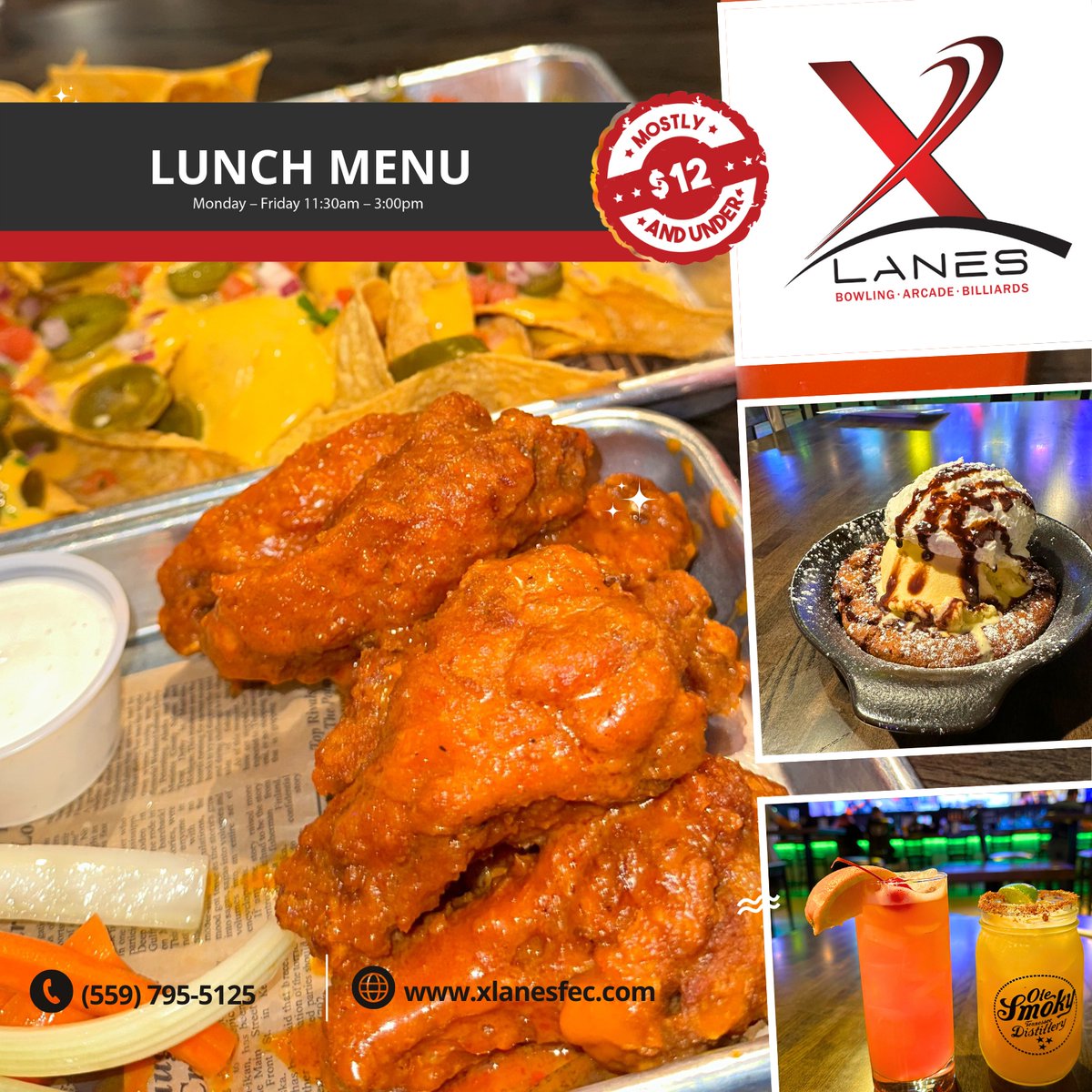 The XLanes Chicken Wings are only $12 when you join us for lunch! 🔥 Available in sweet sesame, honey BBQ, Buffalo, Spicy, “the Crybaby”, or regular BBQ.🍗 Our lunch menu is available Monday through Friday from 11:30 AM to 3 PM with delicious dishes that are mostly $12 and under!